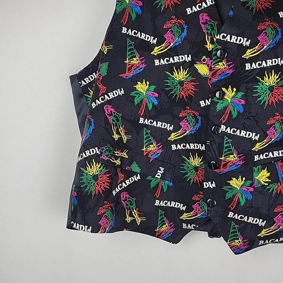VTG Bacardi Rum Vest Silk Bartender 80's 90's Large Party Loud Waist Coat - Image 4 of 4