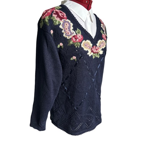 Vintage Jantzen Medium Large Petite Hand Embroidered Floral V Neck Sweater - Picture 3 of 7
