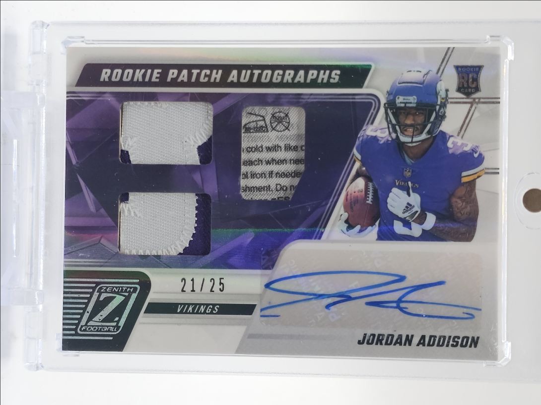 JORDAN ADDISON 2023 ZENITH RPA ROOKIE PATCH SILVER VIKINGS RC AUTO /25 Q4561