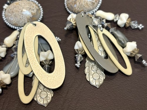 VTG Signed Chipita Semi Precious Glass Bead Mixed Materials Boho Dangle Earrings - 第 5/9 張圖片