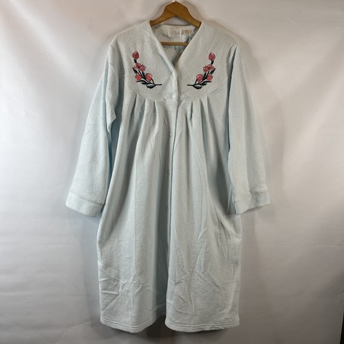 Go Softly Womens Robe Size Large Light Blue Floral Snap Up Soft Warm w/ Pockets - Picture 2 of 10