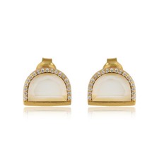 Moonstone CZ Gemstone Half Moon Design 925 Silver Gold Plated Stud Earrings