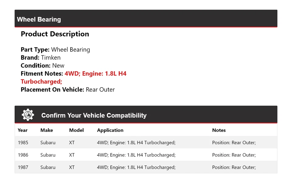 For 1985-1987 Subaru XT 1.8L H4 Turbocharged 4WD Wheel Bearing Rear Outer Timken - Image 2 of 4