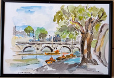 AQUARELLE PARIS PENICHE LE PONT NEUF TABLEAU PEINTURE PARIS JUMEAUX JEAN PIERRE