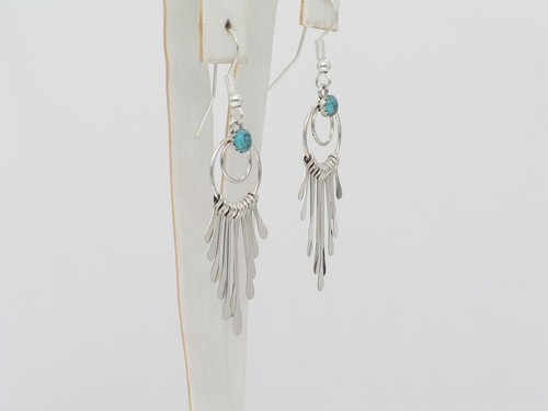 Navajo Handmade Sterling Silver & Turquoise Dangle Earrings - Picture 4 of 8