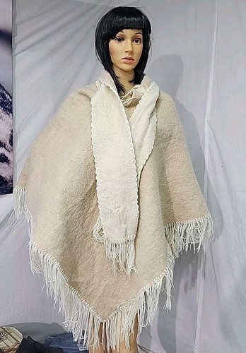 ALPACA Wool handmade cape, poncho beige with attached neck scarf OSFA