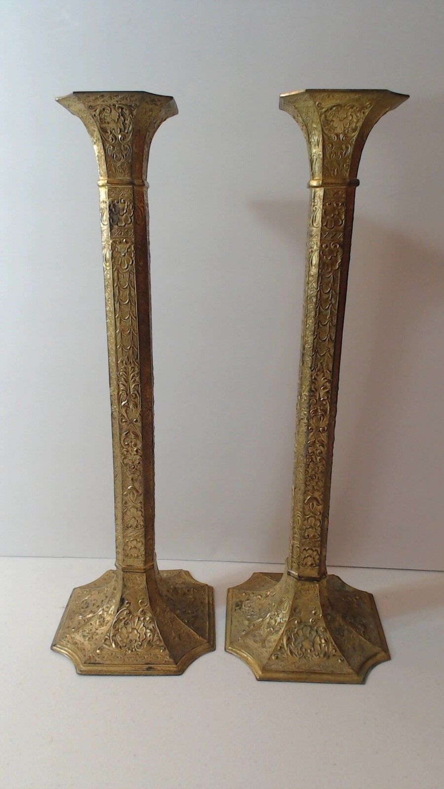 PAIR 16" ANTIQUE BARBOUR S P CO. CANDLE HOLDERS ORNATE GUILT 