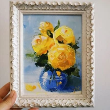 Yellow Roses Painting Original Art Floral Art Impasto Oil Painting 3D Art 6x8"