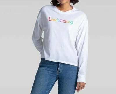 Levi S Graphic Long Sleeve Rainbow Logo Pullover White Cotton T Shirt Women S Xl Ebay