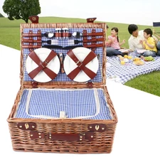 Large Wicker Picnic Basket With Cups Flatware Set Utensils Basket For 4 Person