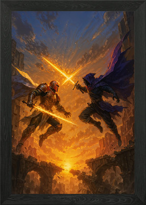 Episches Fantasy Duell auf alten Ruinen gerahmtes Wandbild Poster Leinwanddruck Bild