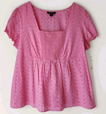 Style & Co Woman Macys Pink Smocked Eyelet Top Plus 20W Pink Barbiecore NWT