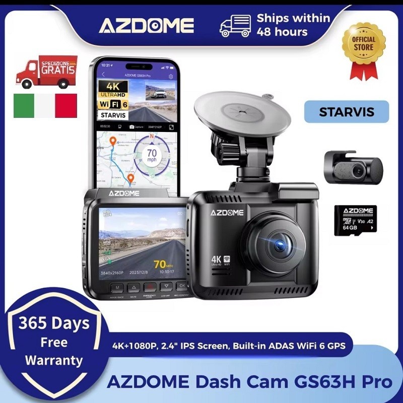 Dash Cam Dashcam Auto 4K Ultra HD GPS WIFI 6 Schermo Wdr 2.4 Controllo App 64gb - Immagine 1