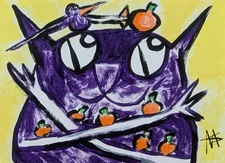 ACEO Cat Bird Painting Original Collectible Modern Halloween Art Samantha McLean