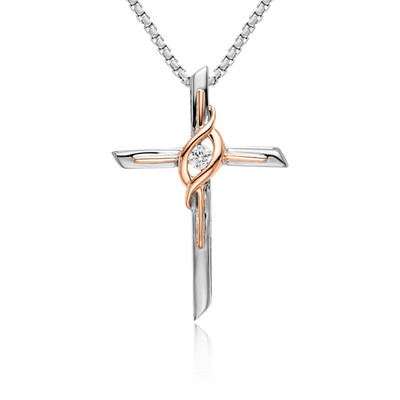 14K Solid Two Tone Gold Diamond Accent Medium Cross Pendant Necklace 21.05mm