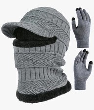 T WILKER 2Pcs Winter Knit Beanie Balaclava Hat Anti-Slip Screen Mittens Gray