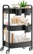 3 Tier Rolling Metal Utility Cart Wheels Hanging Cups Hooks Storage Organizer