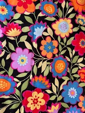 25-7-1001 FABRIC TRADITIONS COTTON FABRIC-BRILLIANT FLOWERS ON BLACK-BTY-42"W