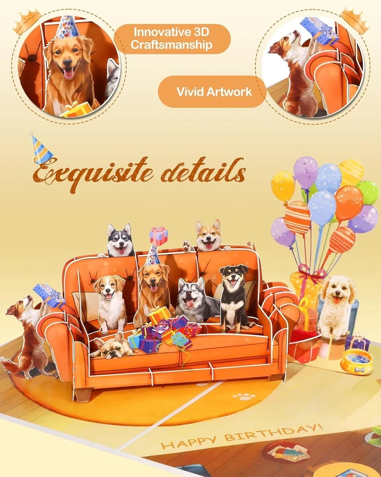 Tarjeta emergente de cumpleaños con sobre - Divertido perro feliz cumpleaños 3D saludo emergente Foto 4 de 4