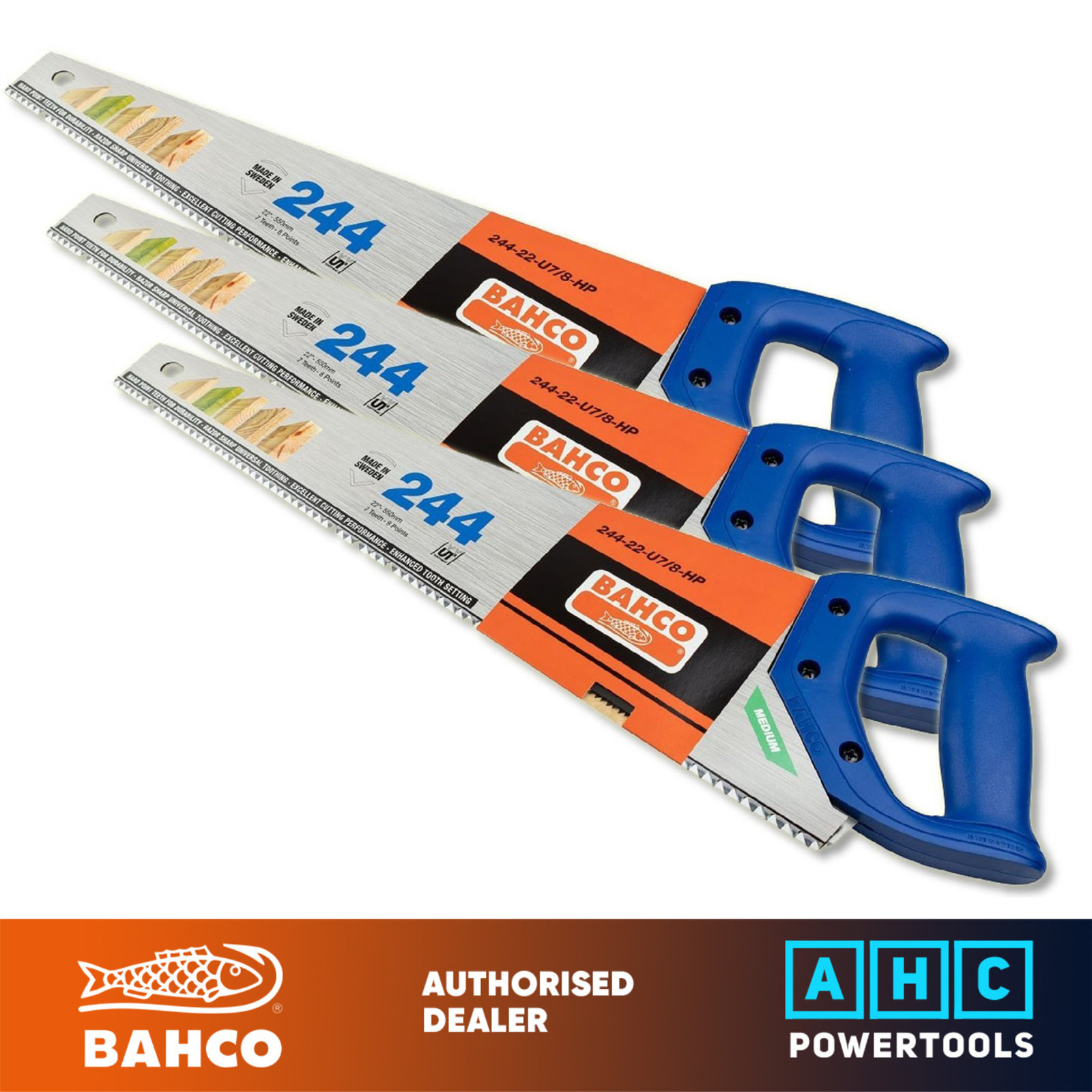 3 x Bahco 244-22-U7/8-HP 22" Universal Tooth Hardpoint Hand Saw 7TPI