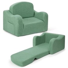 Comfy Toddler Chair  Kids, 2-in-1 Soft Couch Fold Out for Green Teddy Velvet