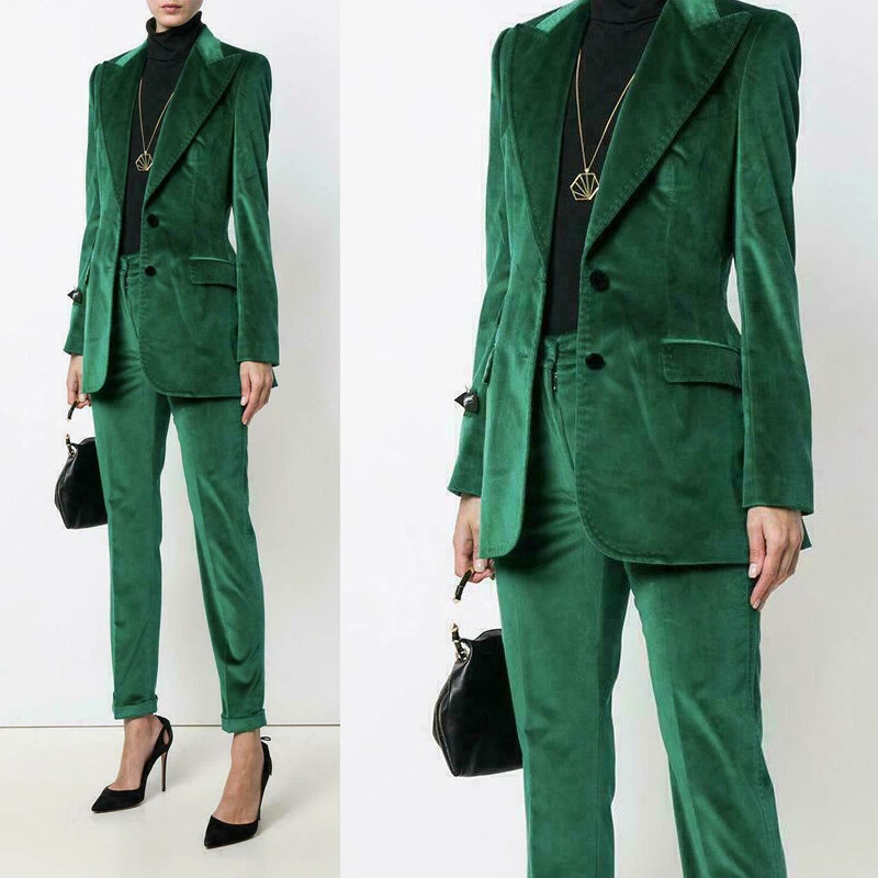 Green Women Suits Office Ladies Velvet Pants Suit 2 Piece Formal Business  Blazer