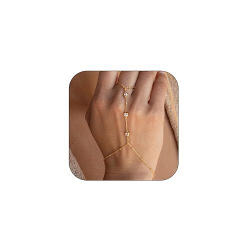 Hand Chain Ring Bracelet for Women Dainty 14k Finger Ring Bracelet Gold - Picture 1 of 6
