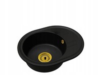 Bella Rundes Waschbecken Aus Schwarzem Granit Mit Goldenem Siphon