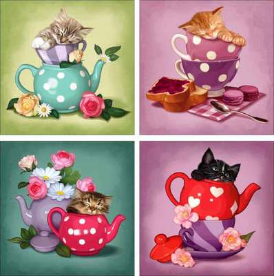 Ceramic Accent & Decor (4) Tile Set Cazenave Kittens Teacup Pot Art MC2-010AT