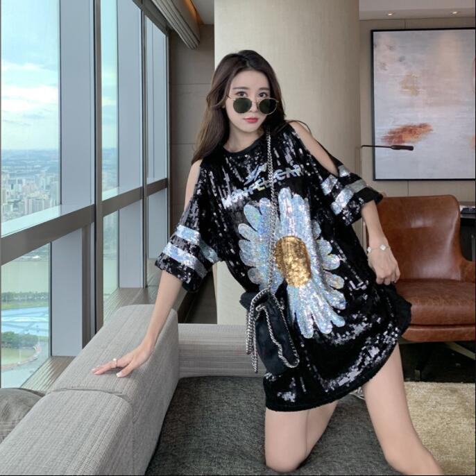 Women's Fashion Glitter Sequin Daisy Off Shoulder Loose T Shirt