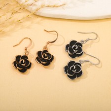 Rose Gold Plated Black Rose Flower Dangle Drop Earrings for Women Girls