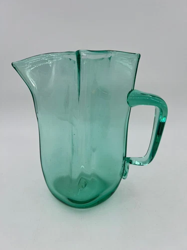 Vintage Blenko Hand Blown Glass Pitcher Aqua Turquoise Mid Century Modern
