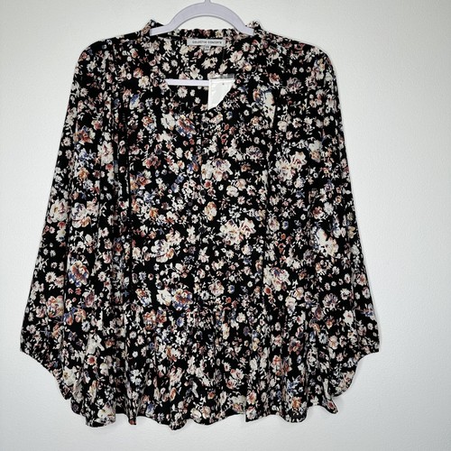 New Collective Concepts Blouse Womens 2XL Black Floral Peplum Button Front Boho