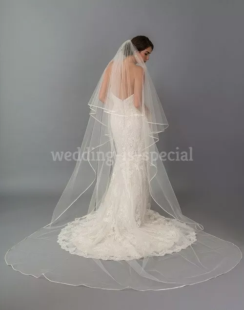 White Wedding Bridal Veil 2 Tier Cathedral Satin Edge Swarovski