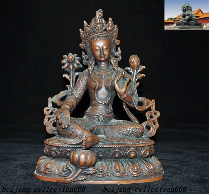 9" Antiguo Budismo Tibetano Bronce Verde Tara Kwan-Yin Guanyin Diosa Buda Estatua Foto 4 de 4