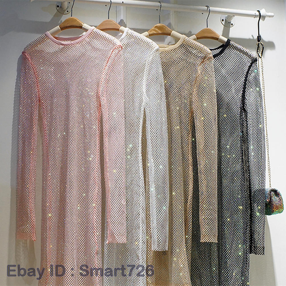 Lady Rhinestone Mesh Long Sleeve Dress Sheer Shiny Hollow Out Evening Party  Midi | eBay