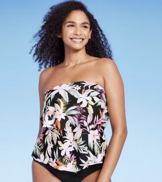 Kona Sol Women's S Small 46 Tankini Top Black Tropical Print Tiered