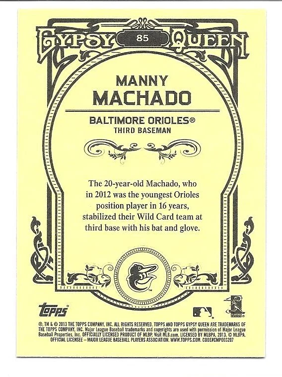 2013 Topps Gypsy Queen MANNY MACHADO, RC #85 and Glove Stories #GS-MM - Image 2 of 4