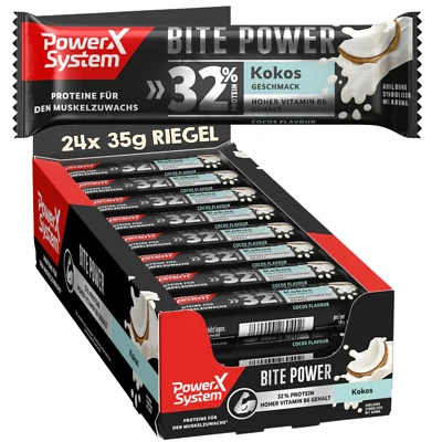 POWER SYSTEM Protein Riegel Bite Power Kokos Eiweiß Riegel 32% Protein 24x35g Muskelzuwachs