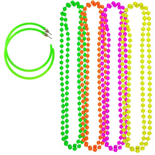 Confezione Di 4 Neon Collana Perline Orecchini a Cerchio Nubilato Festa Festival - Foto 5 di 10