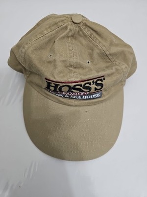 VINTAGE Hoss's Family Steak & Seahouse Hat Beige Leather Strap Embroidered Logo 