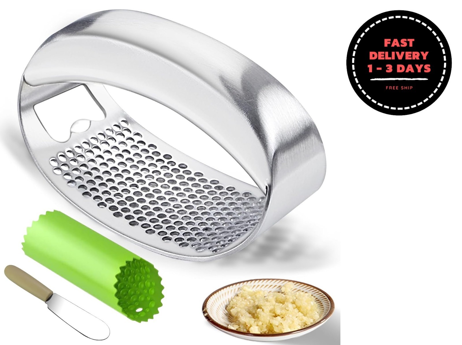 Prensa ajos de acero inox, con pelador, raspador y abrebotellas integrado