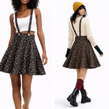 NWT Black Floral Cotton Pinafore Skirt, Adjustable Strap Suspender Mini Dress M