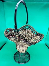 Woven Wicker & Cast Iron Display Basket w/stand (Heavy and well made) NICE! 20"