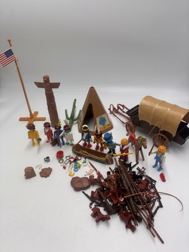 Vintage Playmobil Geobra LOT Indians Horses Wagon Tepee guns, rifles 1974
