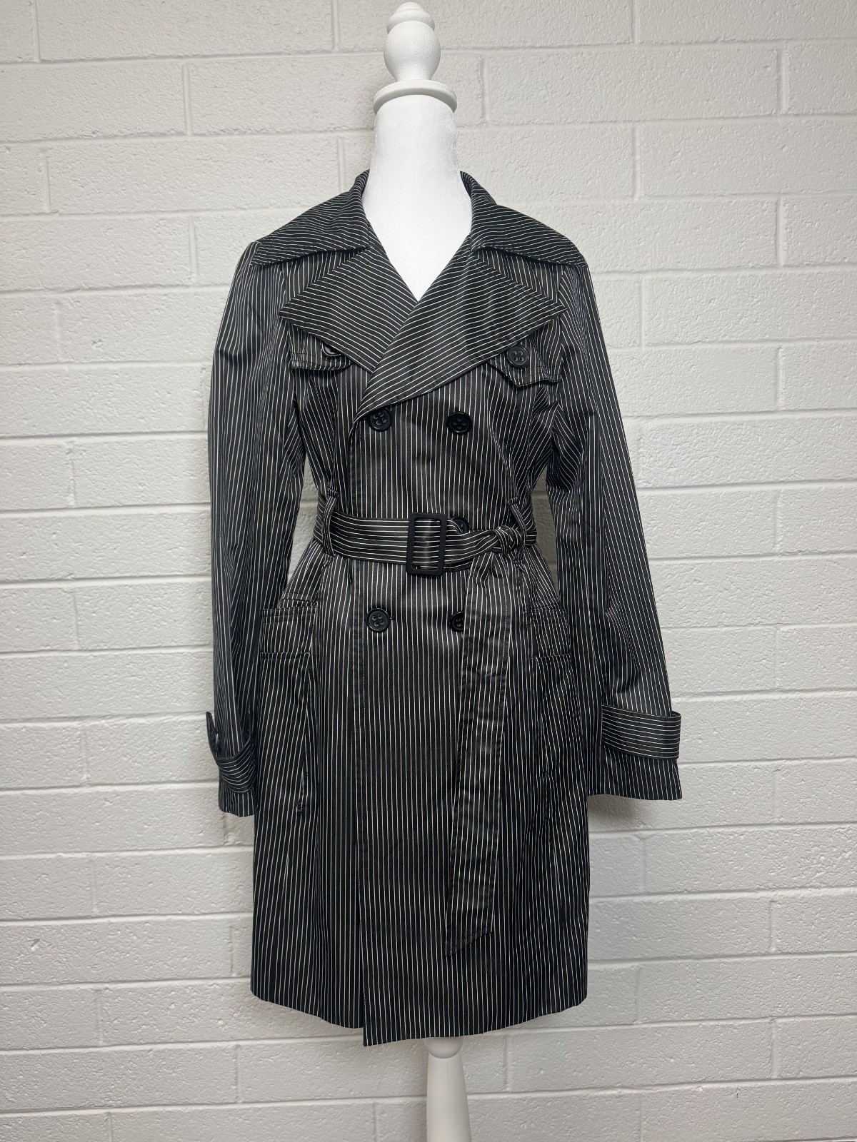 VTG Bebe Classic Black Striped Trench CoatBelted Double Breasted Women's Medium