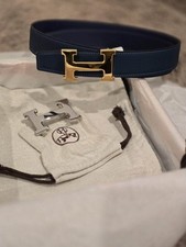 Hermes Belt Mens 95cm Blue Reversible Dark Green With Gold silver Shiny Buckles