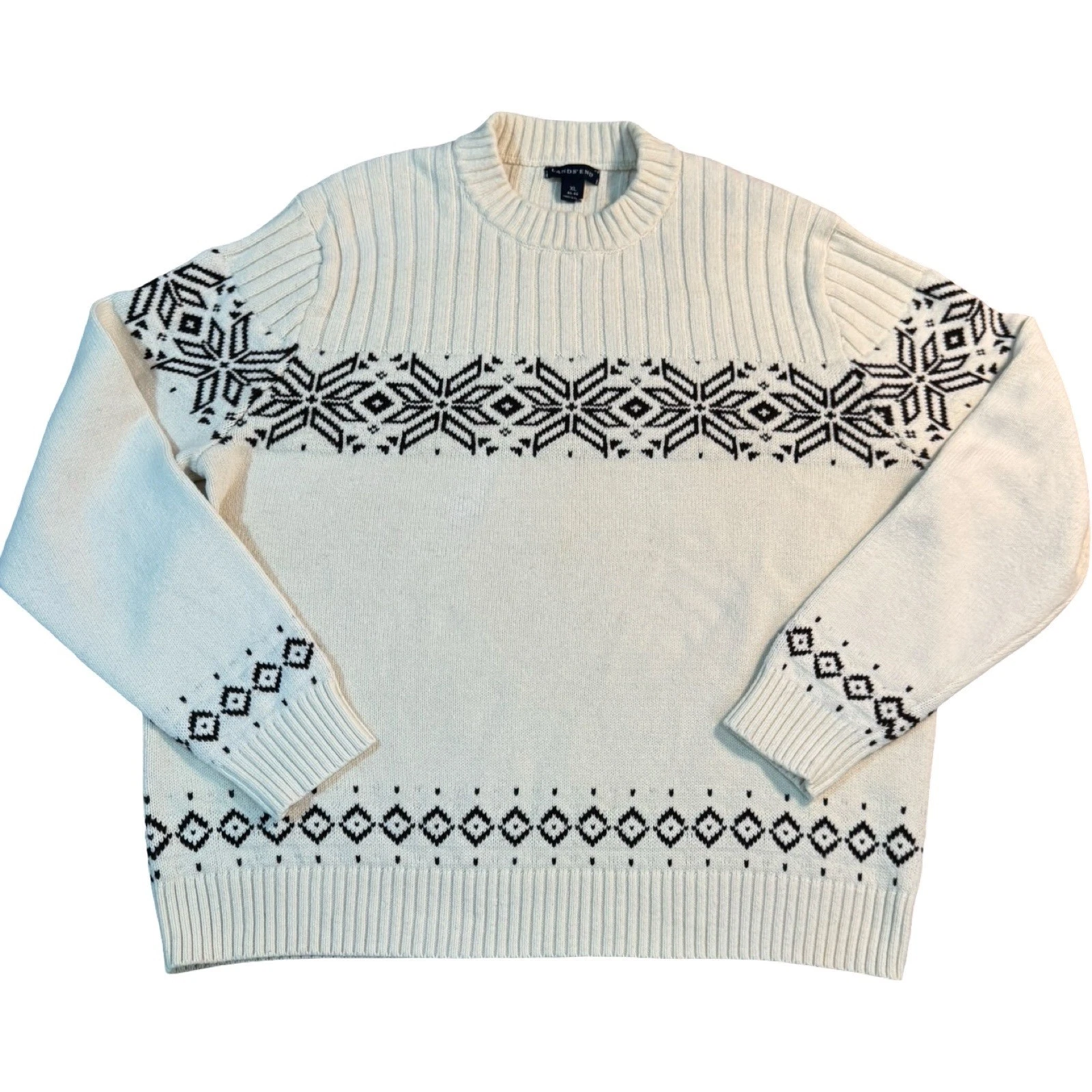 Lands' End XL Nordic Snowflake Sweater Cream Black Cotton Blend Winter Pullover