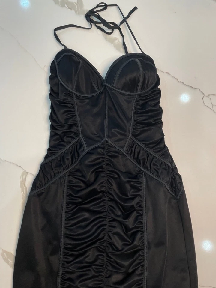 Bebe Silk Satin Bodycon Halter Dress S Black Sexy Club Vamp Dark Femme Y2K - Image 2 of 4