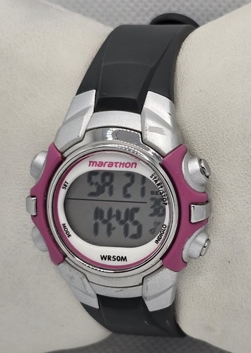 Women's Marathon Indiglo Digital Pink Silver Tone Black Raisin Band Watch 02 - Picture 2 of 9